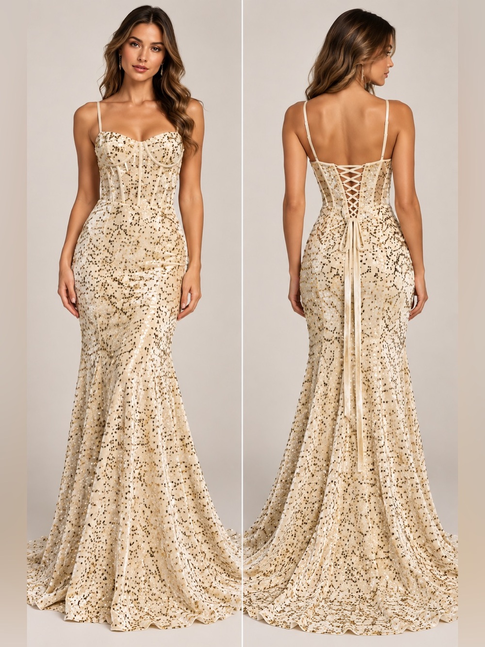 Party Prom Dress Cream Gold Sequin Velvet Corset Mermaid Gown Size 4